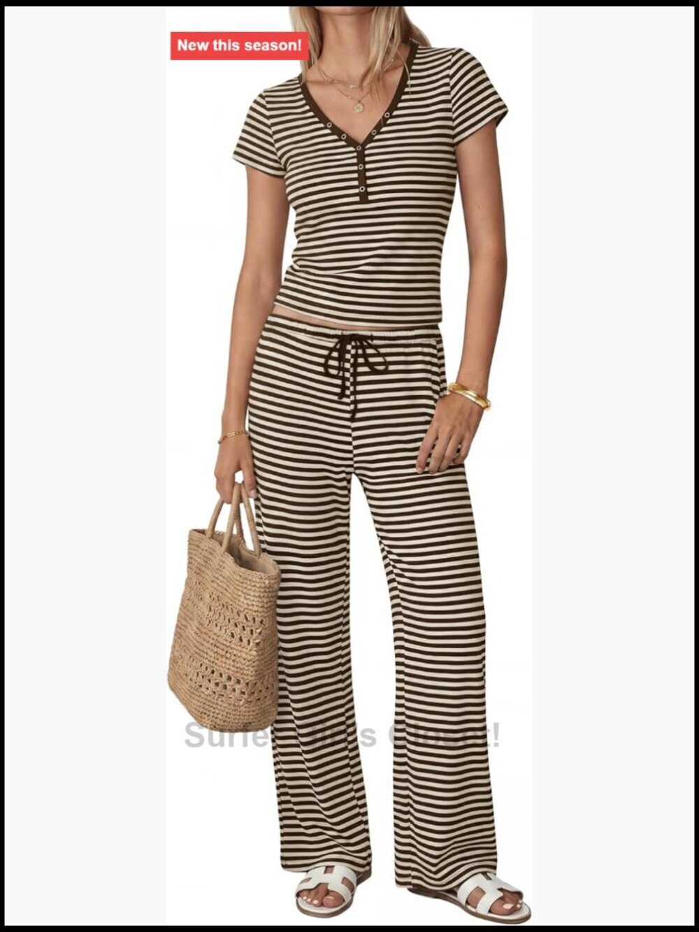 Women's 2 Piece Striped Sleeve V Neck Top Wide Leg Pants Set Lounge Travel